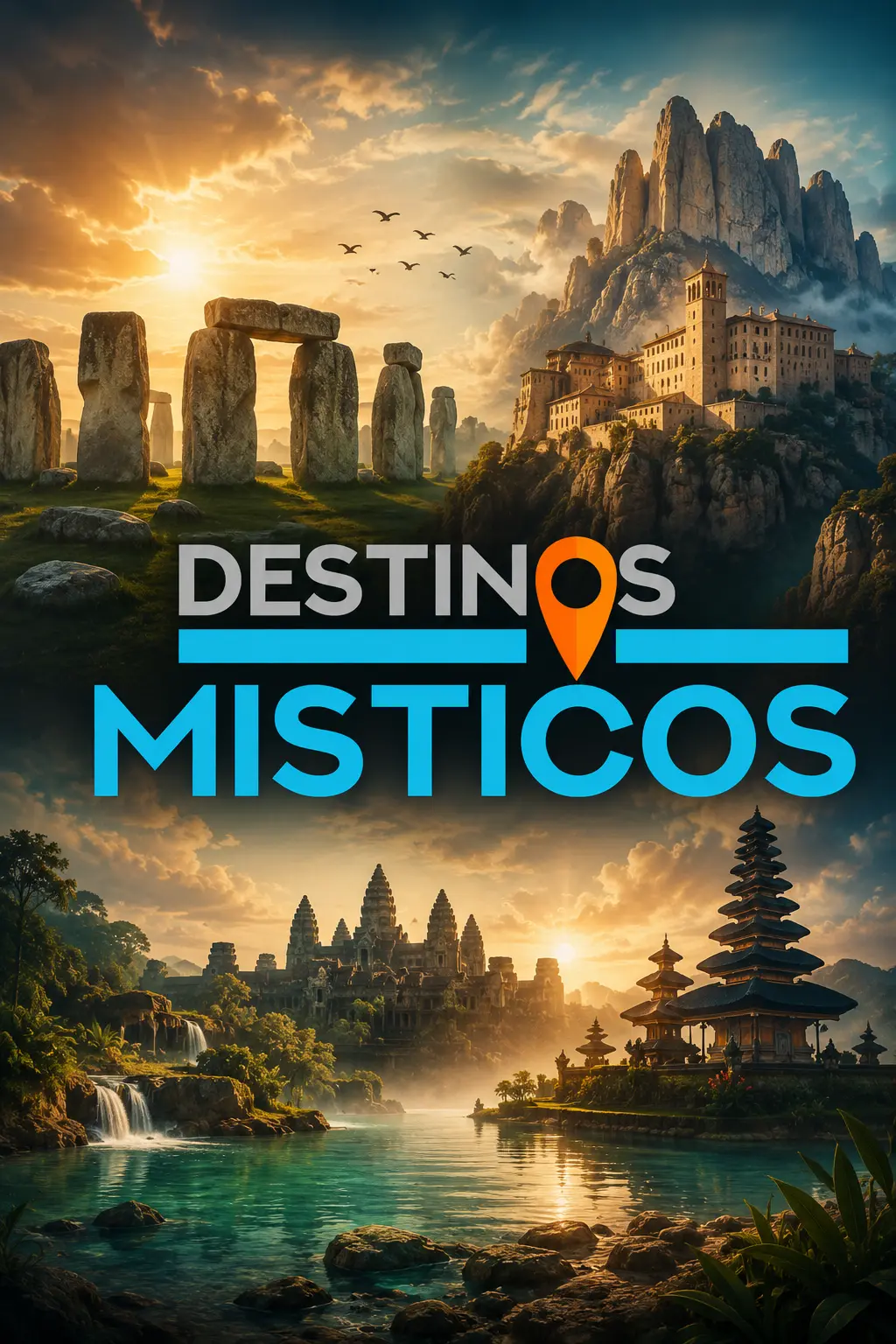 Póster oficial de Destinos Místicos con templos, monasterios y círculos de piedra
